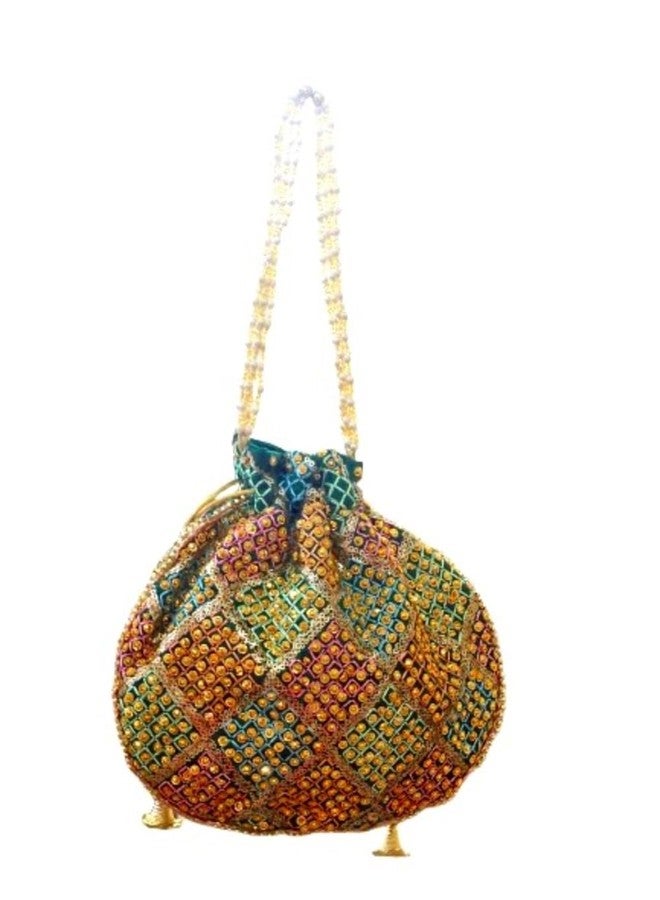 SuneshCreation Pearl Handle Vintage Floral Knitted Drawstring Potli Bag,Multicolour Pattern, Casual Style,Evening Wedding Party Festival Purse (green) - Image 3